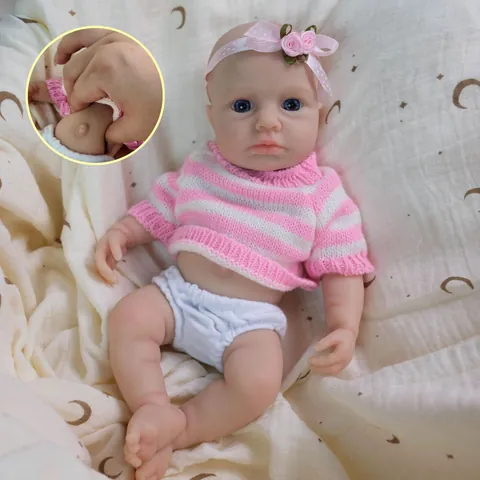 Full Solid Silicone Reborn Baby Doll Realistic Newborn Simulation Toy With Pink Striped Sweater Flower Headband For Kids Christmas Gift