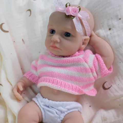 Full Solid Silicone Reborn Baby Doll Realistic Newborn Simulation Toy With Pink Striped Sweater Flower Headband For Kids Christmas Gift