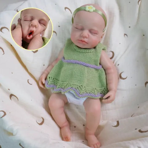 Realistic Reborn Baby Doll Soft Solid Silicone Simulated Infant Toy With Green Crochet Dress Flower Headband For Kids Gift