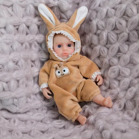 Realistic Silicone Reborn Baby Doll Mini Doll With Brown Plush Rabbit Outfit Hand Painted Solid Silicone Toy For Kids Gift