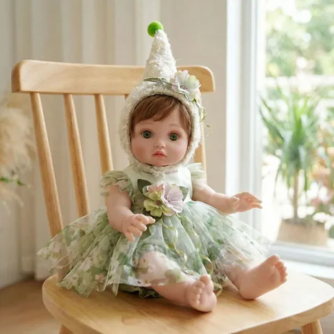 Bambola Reborn Realistica in Silicone Corpo Intero Lavabile Vestito da Fata Verde Capelli Radicati Dipinta a Mano Giocattolo