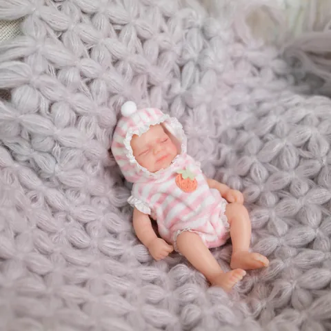Realistic Solid Silicone Reborn Baby Doll Miniature Sleeping Baby In Pink Striped Hooded Romper For Kids Toy Gift