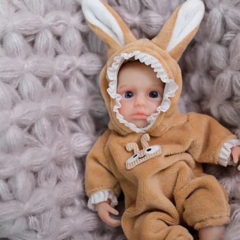 Realistic Silicone Reborn Baby Doll Mini Doll With Brown Plush Rabbit Outfit Hand Painted Solid Silicone Toy For Kids Gift