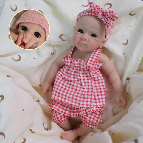 12 Inch Realistic Reborn Baby Doll Full Silicone Solid Body With Red Plaid Suspender Outfit Set Washable Realistic Doll