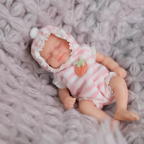 Realistic Solid Silicone Reborn Baby Doll Miniature Sleeping Baby In Pink Striped Hooded Romper For Kids Toy Gift