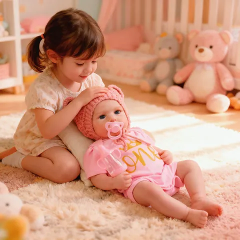 Lifelike Reborn Baby Doll Full Vinyl Body Handmade Painted Realistic Doll Pink Crown Outfit Knit Bear Ear Hat Toy Set
