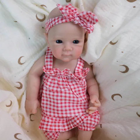 12 Inch Realistic Reborn Baby Doll Full Silicone Solid Body With Red Plaid Suspender Outfit Set Washable Realistic Doll