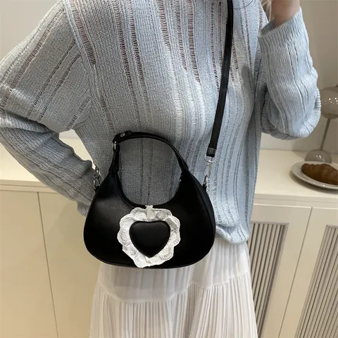 Women Sweet Lace Heart PU Leather Underarm Bag Y2K Trendy Hobo Shoulder Bag Small Crossbody Handbag Pink Silver Fashion Gift