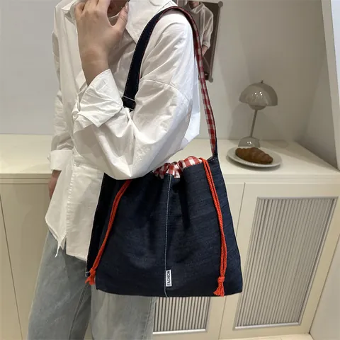 American Style Denim Plaid Crossbody Bag For Women Student Large Capacity Adjustable Strap Canvas Shoulder Bag Casual Tote Bag
