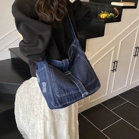 Vintage Denim Tote Bag For Women Large Capacity Contrast Stitching Distressed Crossbody Bag Lazy Style Shoulder Bag For Campus