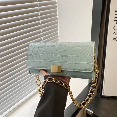 Women's Croc Embossed PU Leather Shoulder Bag With Gold Chunky Chain Rectangular Lock Chic Solid Color Underarm Bag Handbag