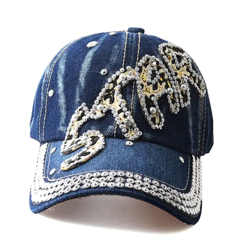 Berretto da Baseball in Denim con Strass e Künstliche Perle Donna Decorazione Lettere Cappello da Sole Distressed Regolabile Vintage Moda