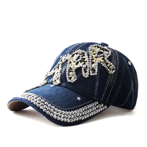 Berretto da Baseball in Denim con Strass e Künstliche Perle Donna Decorazione Lettere Cappello da Sole Distressed Regolabile Vintage Moda