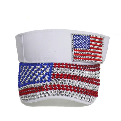 Women's Rhinestone US Flag Sun Visor Hat Acrylic Adjustable Summer Outdoor Sports Beach Sunscreen Empty Top Cap
