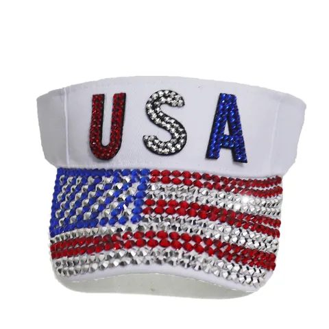 Women's USA Rhinestone Sun Visor Hat Patriotic American Flag Letter Sparkly Bling Open Top Adjustable Outdoor Summer Cap