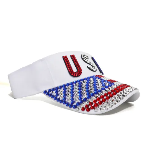 Women's USA Rhinestone Sun Visor Hat Patriotic American Flag Letter Sparkly Bling Open Top Adjustable Outdoor Summer Cap