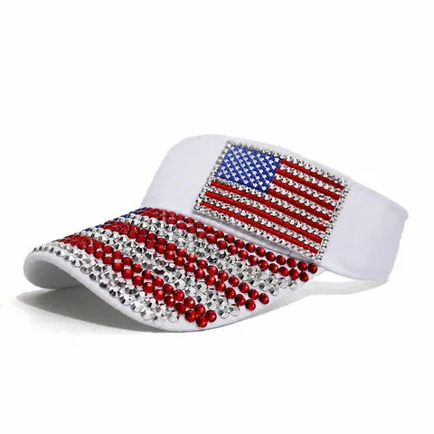 Women's Rhinestone US Flag Sun Visor Hat Acrylic Adjustable Summer Outdoor Sports Beach Sunscreen Empty Top Cap