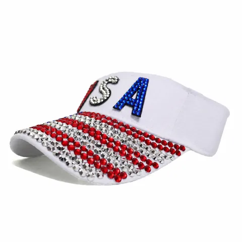 Damen USA Strass Sonnenblende Hut Patriotische Amerikanische Flagge Buchstabe Glitzernd Oben Offen Verstellbare Sommerkappe