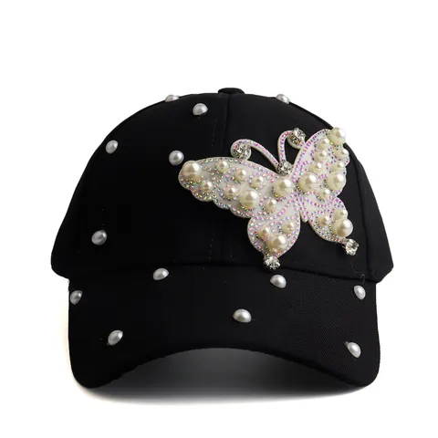 Fashion Baseball Cap Artificial Pearl Butterfly Rhinestone Cotton Sun Hat Sparkly Korean Style Women Adjustable Breathable