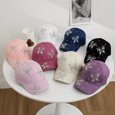 Berretto da Baseball in Cotone da Donna Con Decorazione Farfalla in Strass Cappello da Sole Alla Moda Regolabile Per Viaggi All'aperto Casual