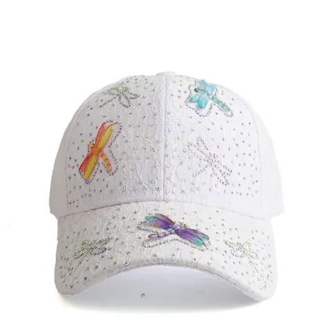 Women Fashion Lace Dragonfly Decor Baseball Cap Elegant Rhinestone Mesh Sun Hat Outdoor Casual Summer Breathable Adjustable Visor Hat