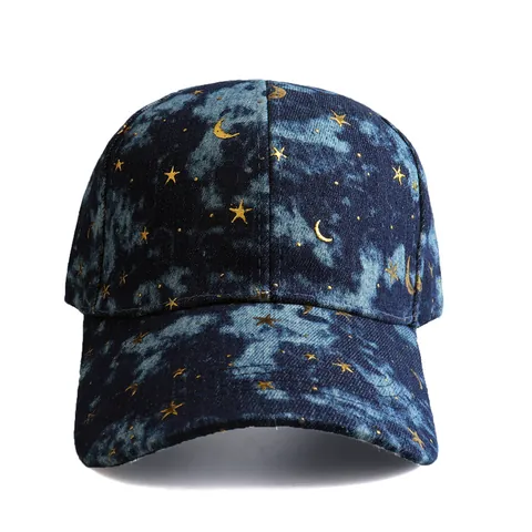 Vintage Washed Denim Baseball Cap For Women With Gold Star Moon Patterns Adjustable Tie Dye Sun Hat Outdoor Fashion Accessory