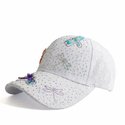 Women Fashion Lace Dragonfly Decor Baseball Cap Elegant Rhinestone Mesh Sun Hat Outdoor Casual Summer Breathable Adjustable Visor Hat