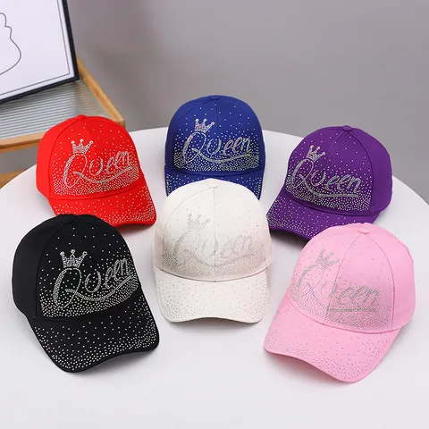 Women's Rhinestone Baseball Cap Cotton Queen Letter Crown Pattern Shiny Bling Curved Brim Adjustable Outdoor Fashion Sun Hat