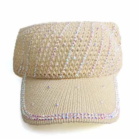 Women's Fashion Rhinestone Knitted Sun Visor Hat Breathable Topless Baseball Cap For Summer Outdoor Travel Beach Accessory