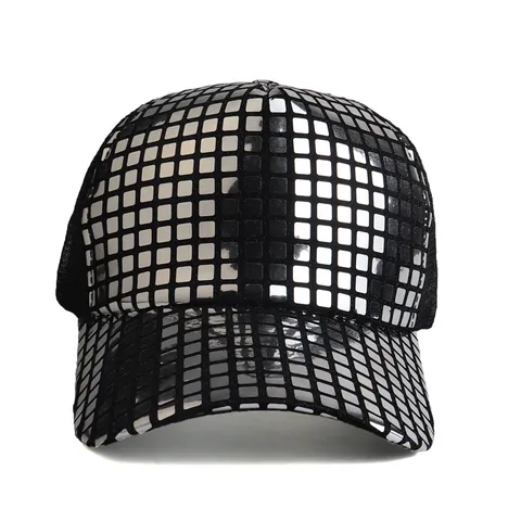 Fashion Sequin Baseball Cap Reflective Grid Disco Trucker Hat With Breathable Mesh Back Adjustable Sun Hat For Men Women