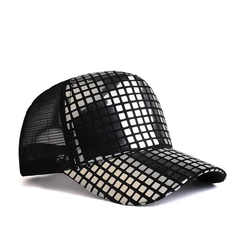 Fashion Sequin Baseball Cap Reflective Grid Disco Trucker Hat With Breathable Mesh Back Adjustable Sun Hat For Men Women