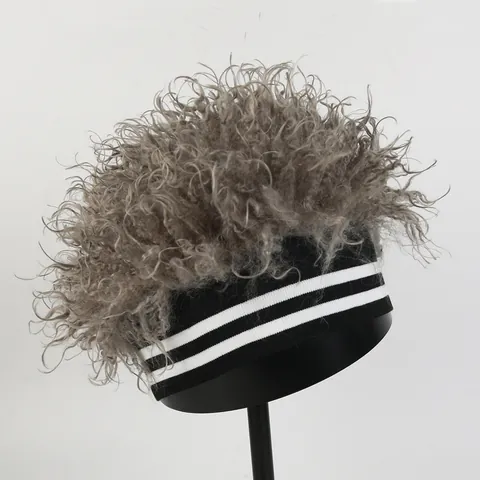 Fashionable Wig Knitted Hat Long Plush Beanie For Men Women Striped Elastic Band Large Head Circumference Trendy Winter Warm Hat