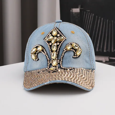 Women's Luxury Denim Baseball Cap Rhinestone Fleur-De-Lis Pattern Adjustable Cotton Sun Hat For Outdoor Travel Fashion