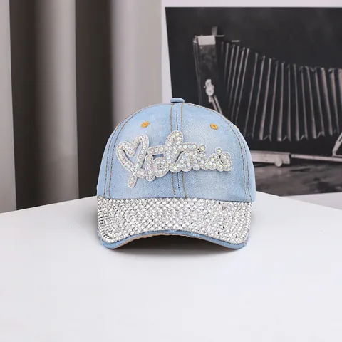 Women Denim Baseball Cap Rhinestone Victoria Alphabet Pattern Curved Brim Sun Protection Shade Casual Outdoor Fashion Hat