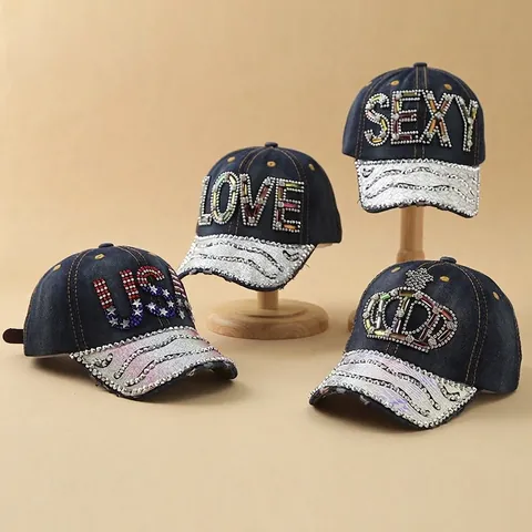 Women Rhinestone Denim Baseball Cap Bling Letters USA LOVE SEXY Crown Pattern Adjustable Cotton Sun Hat Outdoor Fashion Jewelry