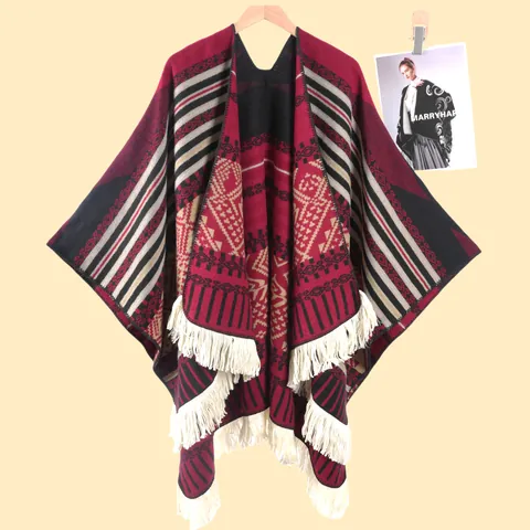 Damen Ethnisch Kaschmir-Imitat Poncho Schal Geometrischer Blumendruck Vorne Offen Cape Mit Großen Quasten Für Reise Herbst Winter