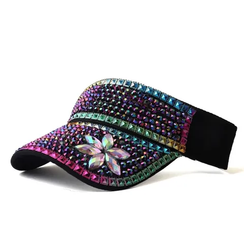 Visiera Parasole da Donna con Strass Cappello in Acrilico Luccicante Fiore Farfalla Protezione UV Regolabile Spiaggia