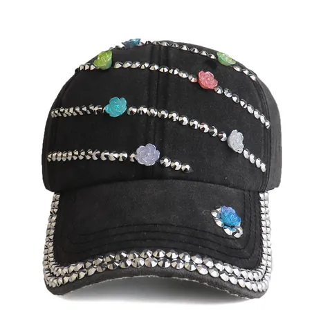 Women's Washed Cotton Baseball Cap Rhinestone Rivet Decoration Multi Color 3D Flower Outdoor Sun Protection Adjustable Hat