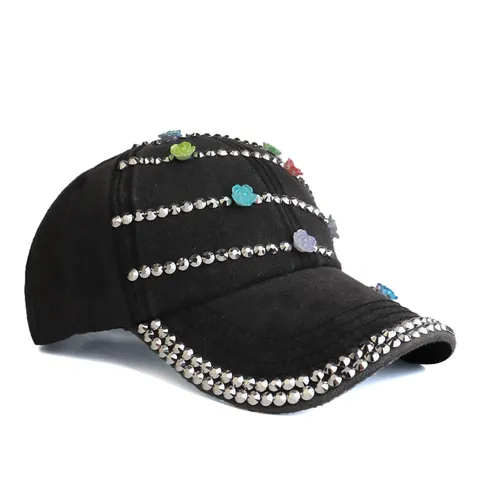 Women's Washed Cotton Baseball Cap Rhinestone Rivet Decoration Multi Color 3D Flower Outdoor Sun Protection Adjustable Hat