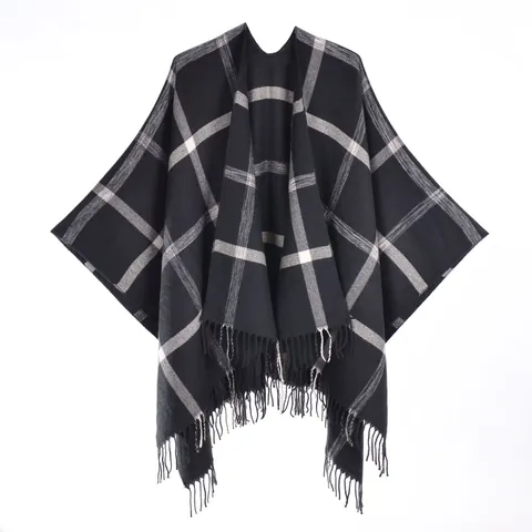 British Style Plaid Poncho Shawl For Women Winter Warm Imitation Cashmere Cape With Tassels Soft Oversized Wrap Outerwear