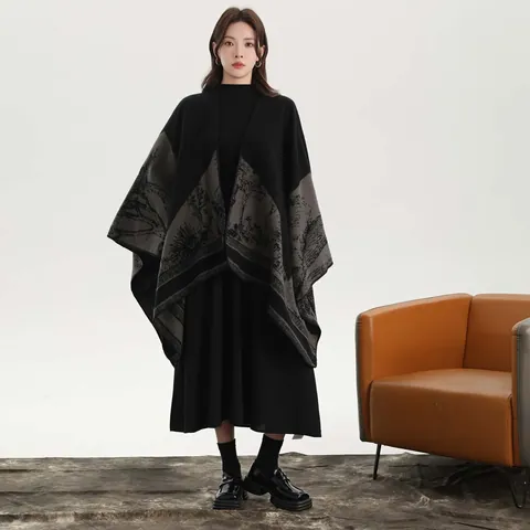 Poncho en Maille Vintage pour Femme Châle Cape Mélange Acrylique Polyester Doux Chaud Imprimé Paysage Grand Enveloppant