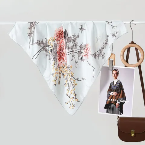 Elegant Peony Floral Print Satin Square Scarf Vintage Silk Like Neck Scarf For Women Decorative Hair Band Bag Accessory