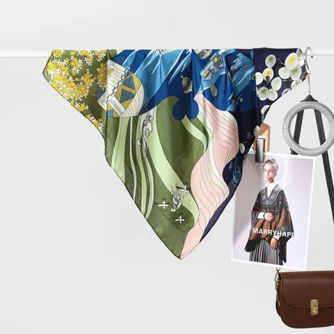 Women Satin Square Scarf Silk Feeling Polyester Scarf Elegant Oriental Landscape Crane Flower Print Head Scarf Hair Scarf Neck Kerchief