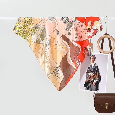Women Satin Square Scarf Silk Feeling Polyester Scarf Elegant Oriental Landscape Crane Flower Print Head Scarf Hair Scarf Neck Kerchief