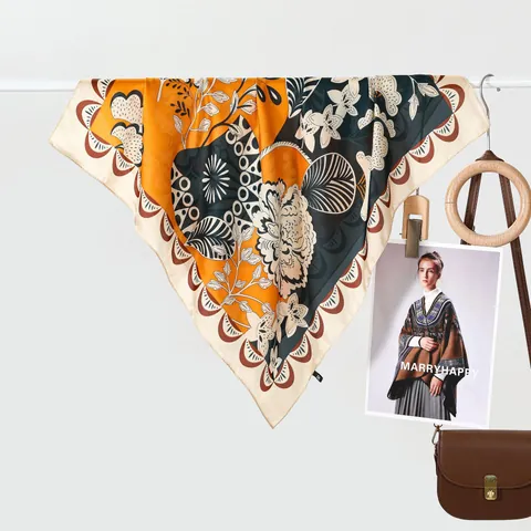 Foulard Carré Vintage pour Femmes Imprimé Floral Satin Imitation Soie Élégant Foulard de Cou Bandeau Sac à Main Accessoire