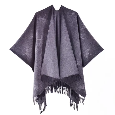 Women's Retro Ginkgo Leaf Poncho Shawl Faux Cashmere Split Wrap Open Front Warm Tassel Jacquard Cape Cardigan For Winter