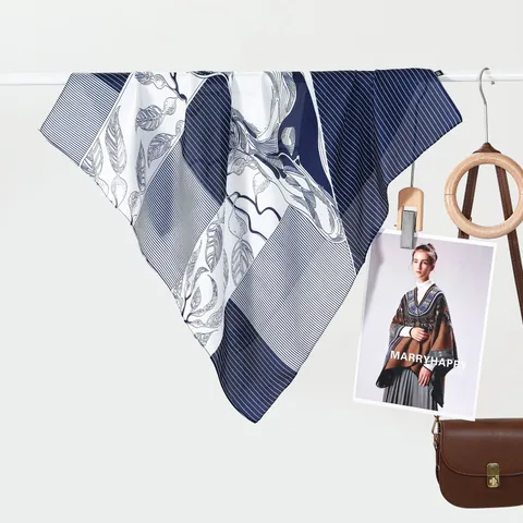 Women Elegant Satin Square Scarf Striped Geometric Leaf Print Silk Like Neck Head Scarf Fashion Minimalist Wrap Hair Accessory For Lady
