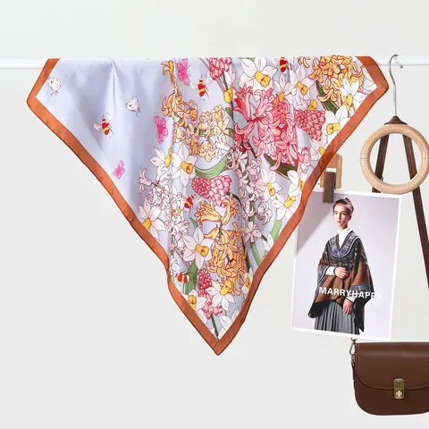 Women Elegant Floral Butterfly Print Square Scarf Satin Feel Polyester Neck Wrap Decorative Hair Tie Bag Accessory