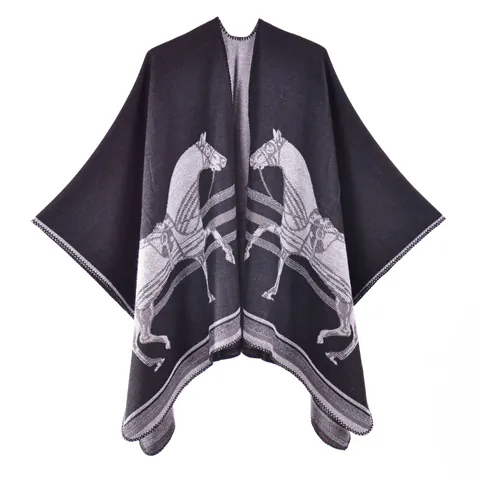 Vintage Pferde Jacquard Strickponcho Schal Damen Dicke Kaschmirimitat Geteilter Umhang Mode Reitersport Wickeljacke