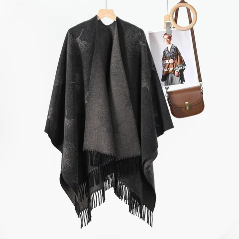 Women's Retro Ginkgo Leaf Poncho Shawl Faux Cashmere Split Wrap Open Front Warm Tassel Jacquard Cape Cardigan For Winter